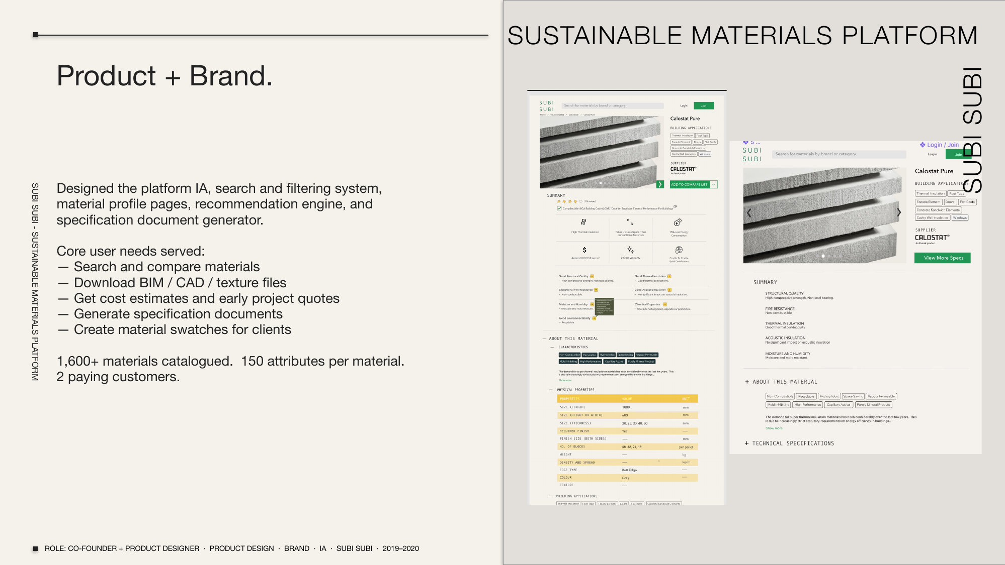 Subi Subi — sustainable building materials discovery platform, product and brand design