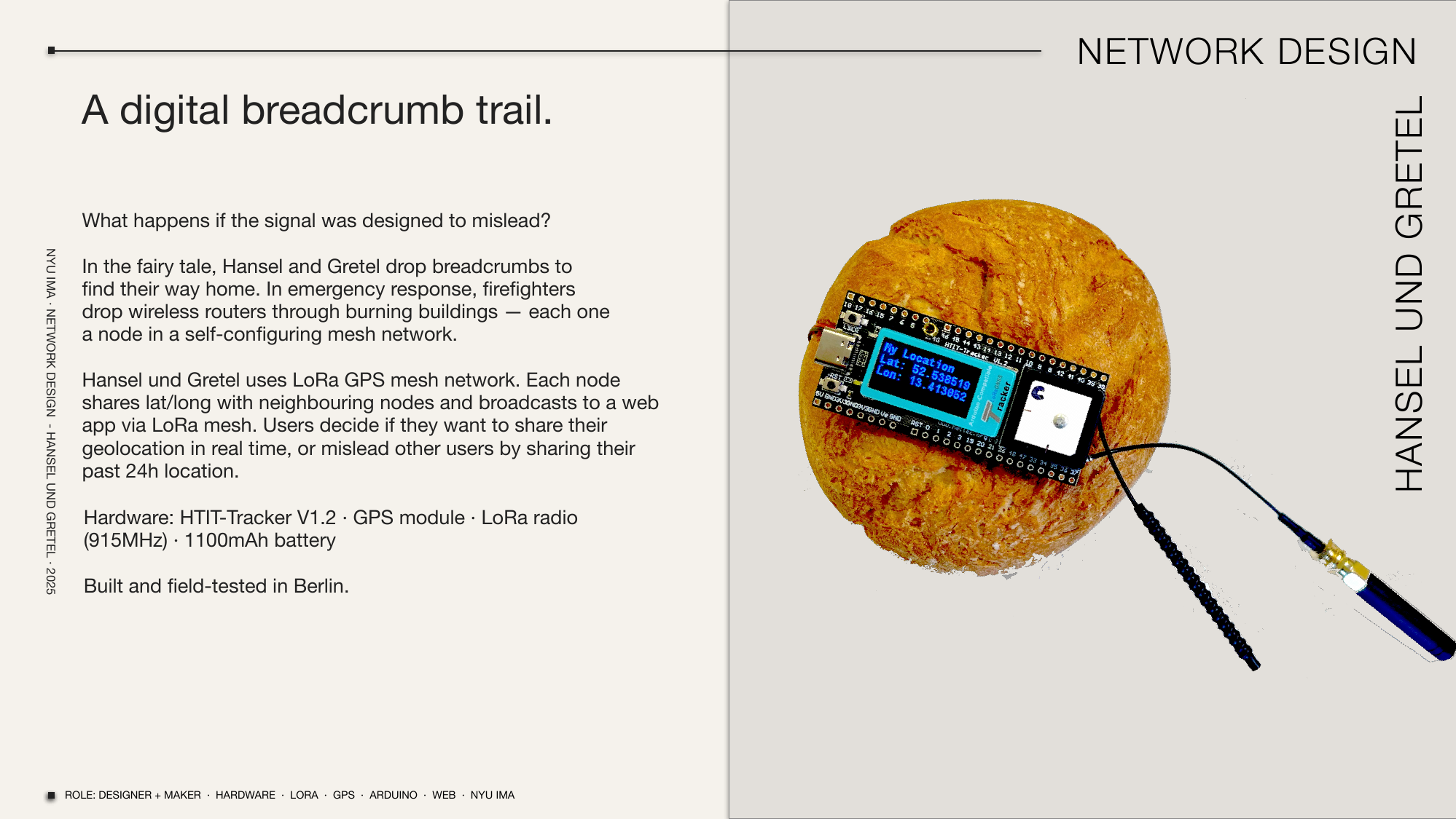 Hansel und Gretel — LoRa GPS mesh network node embedded in stone, with HTIT-Tracker V1.2 hardware