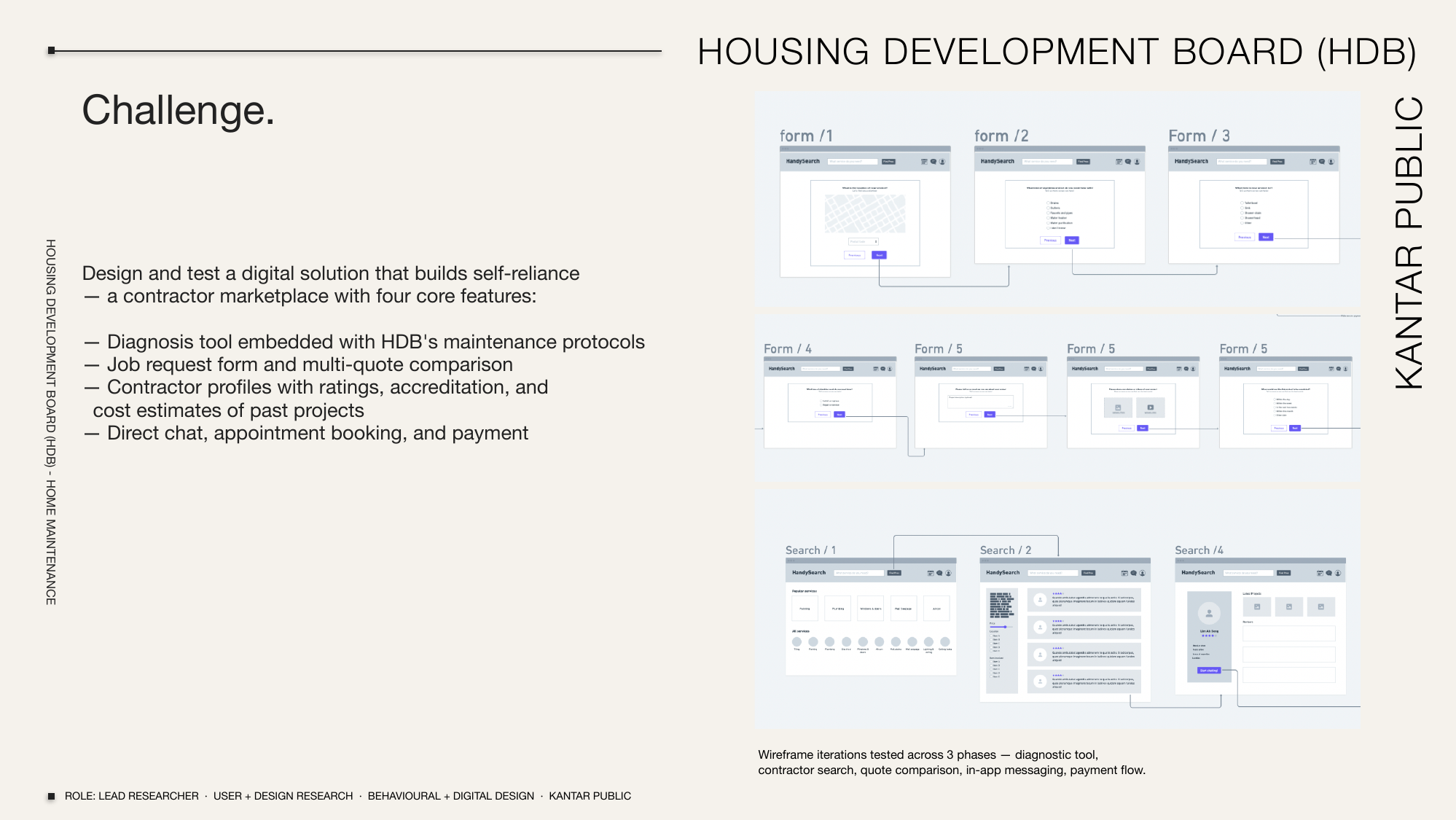 HDB HandySearch — wireframe iterations across diagnostic, contractor search, quote comparison, and payment flows